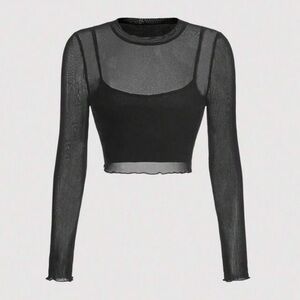 Black Sheer Long Sleeve Top with crop cami